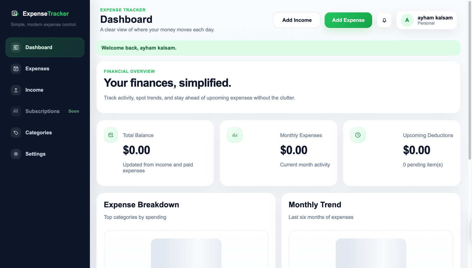 Expense Tracker (Web-Based) dashboard preview